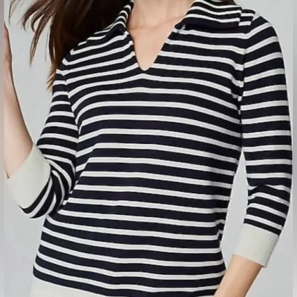 NWT J Jill Collared Striped V-Neck Pullover Sweater Nautical Size XL
